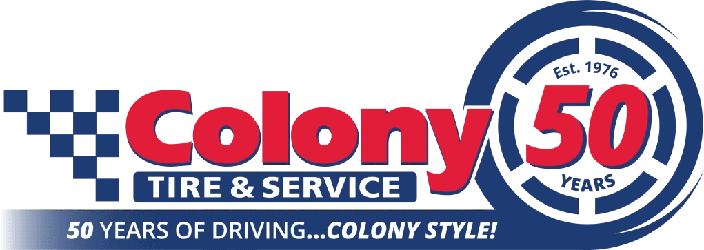 Colony Tire & Service 50th anniversary logo with blue checkers and the text “50 Years of Driving…Colony Style!”.
