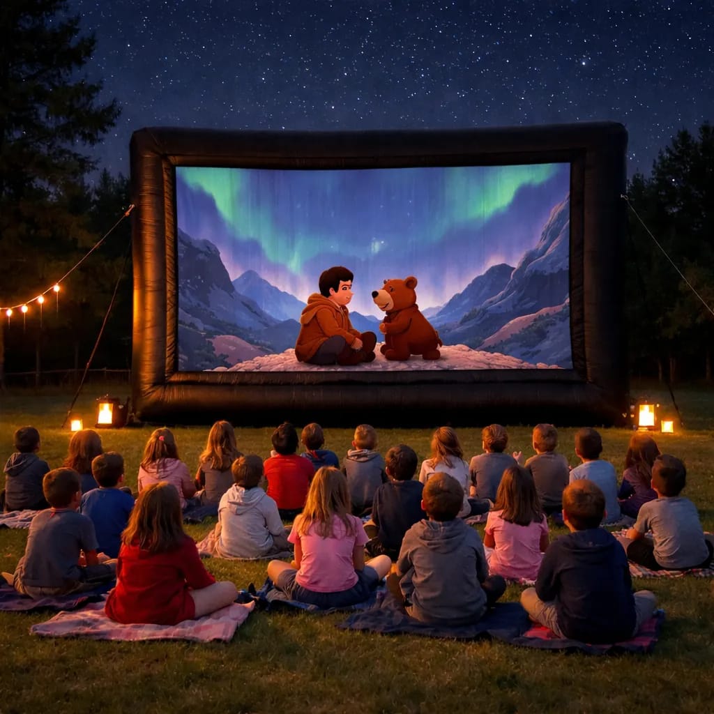 cubs-s Children sit on blankets outdoors at night, watching an animated movie on a large inflatable screen.