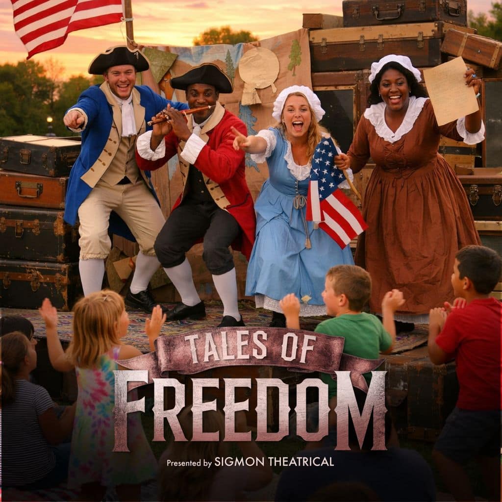 Tales-of-Freedom Four actors in colonial costumes perform outdoors, waving flags and smiling for a crowd of children.
