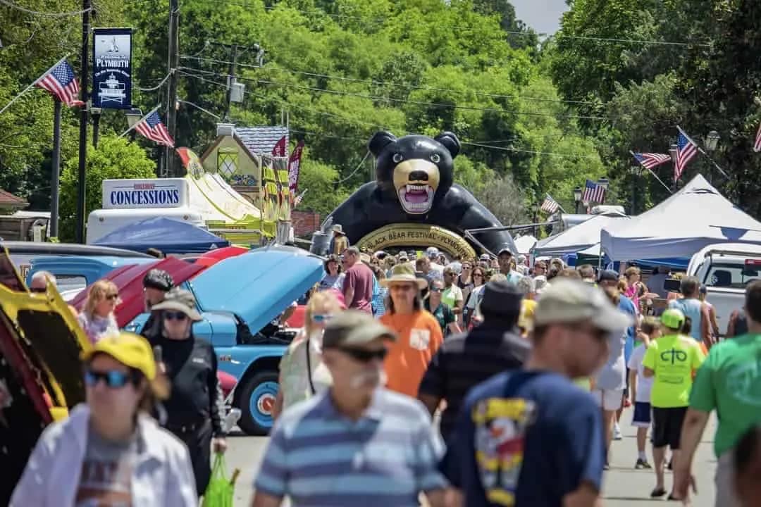 events-2 Crowd at an outdoor festival with classic cars and a large inflatable black bear in the background.