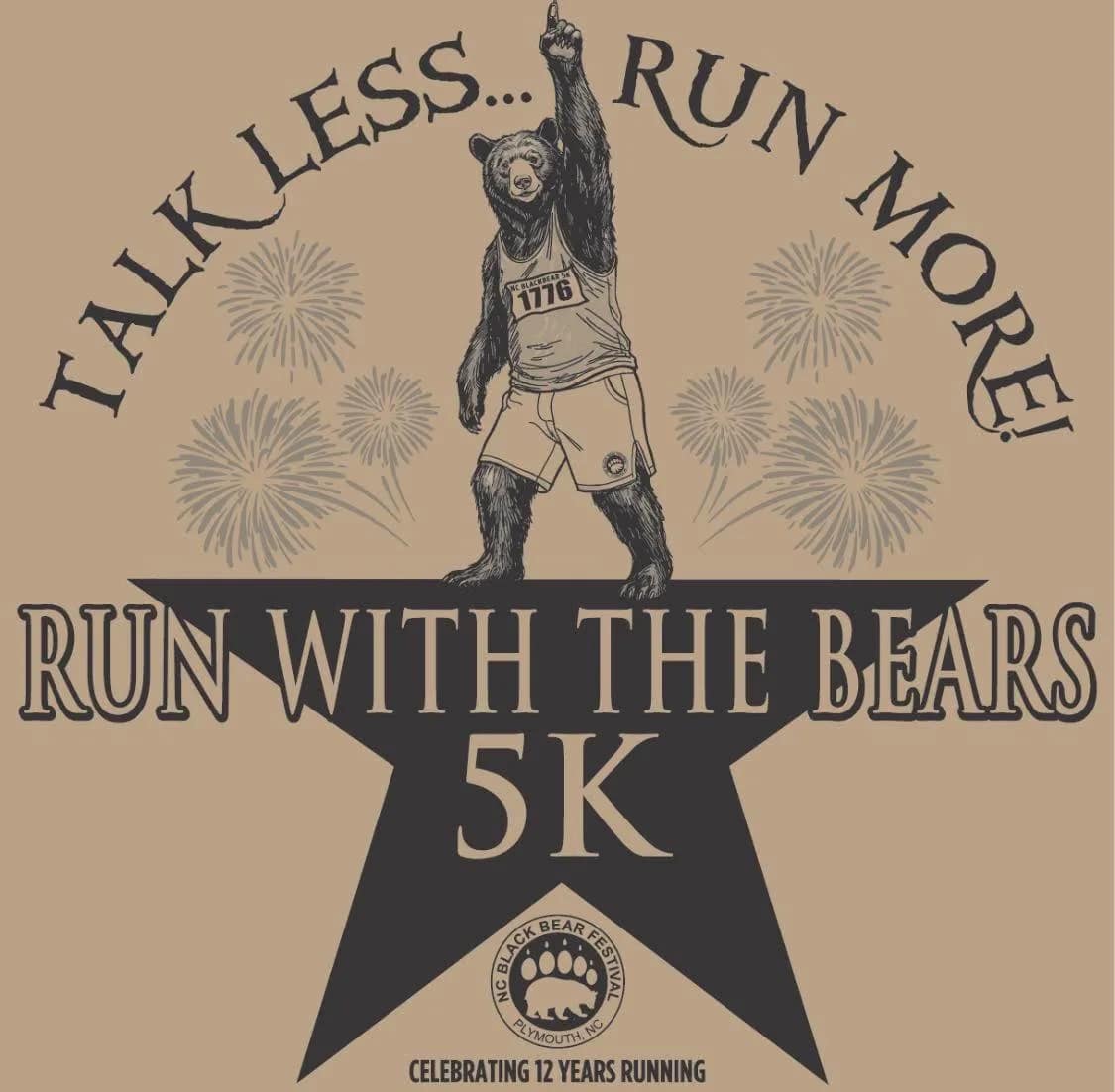5k-2 Illustration of a bear in running gear with "Run With the Bears 5K" and fireworks in the background.