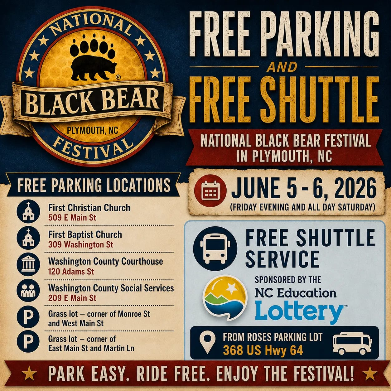 Festival poster for free parking and shuttle info for the National Black Bear Festival, June 5-6, 2026, in Plymouth, NC.