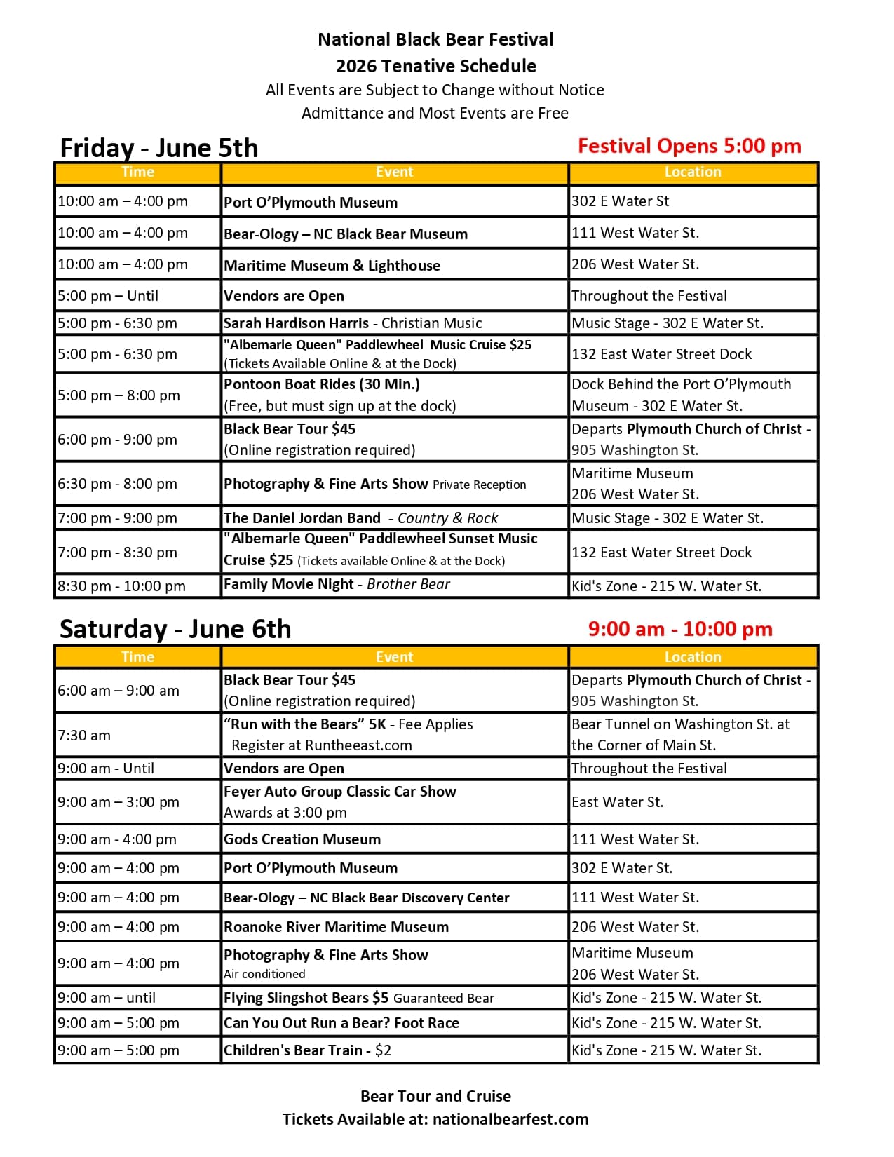2026-Black-Bear-Festival-v5-188_page-0001 National Black Bear Festival schedule listing events, times, and locations for June 5–6, 2026, in Plymouth, NC.