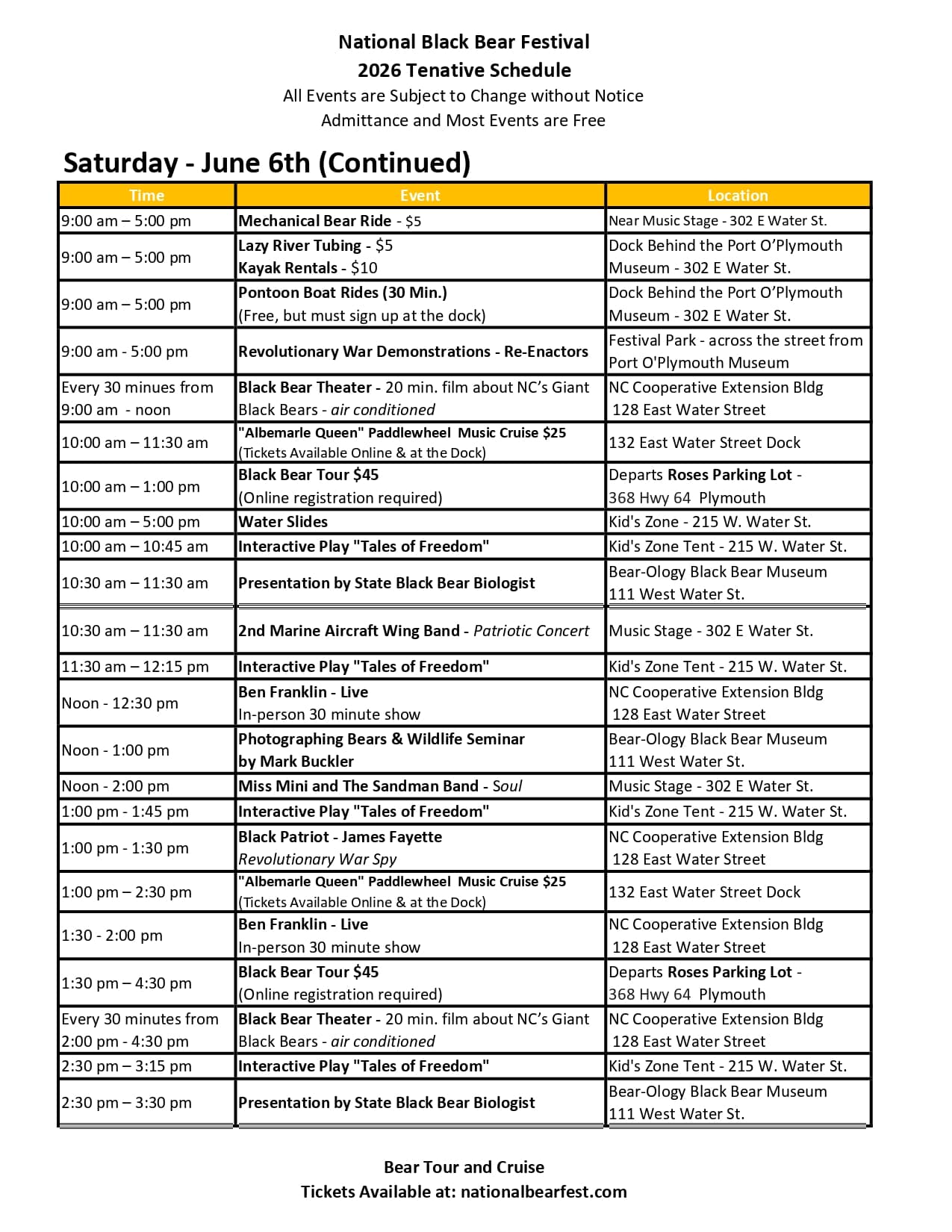 2026-Black-Bear-Festival-v5-188_page-0002 Schedule of events for the National Black Bear Festival on Saturday, June 6th, with times and locations listed.