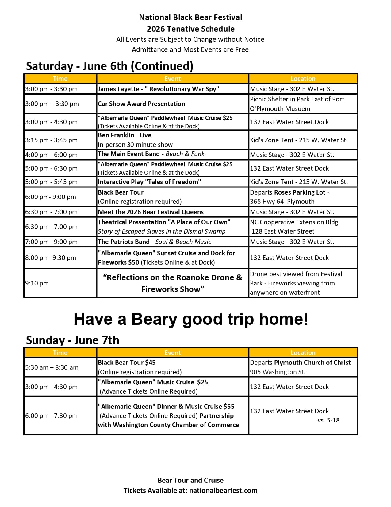 2026-Black-Bear-Festival-v5-188_page-0003 2026 Black Bear Festival schedule detailing Saturday, June 6 and Sunday, June 7 events, times, and locations.
