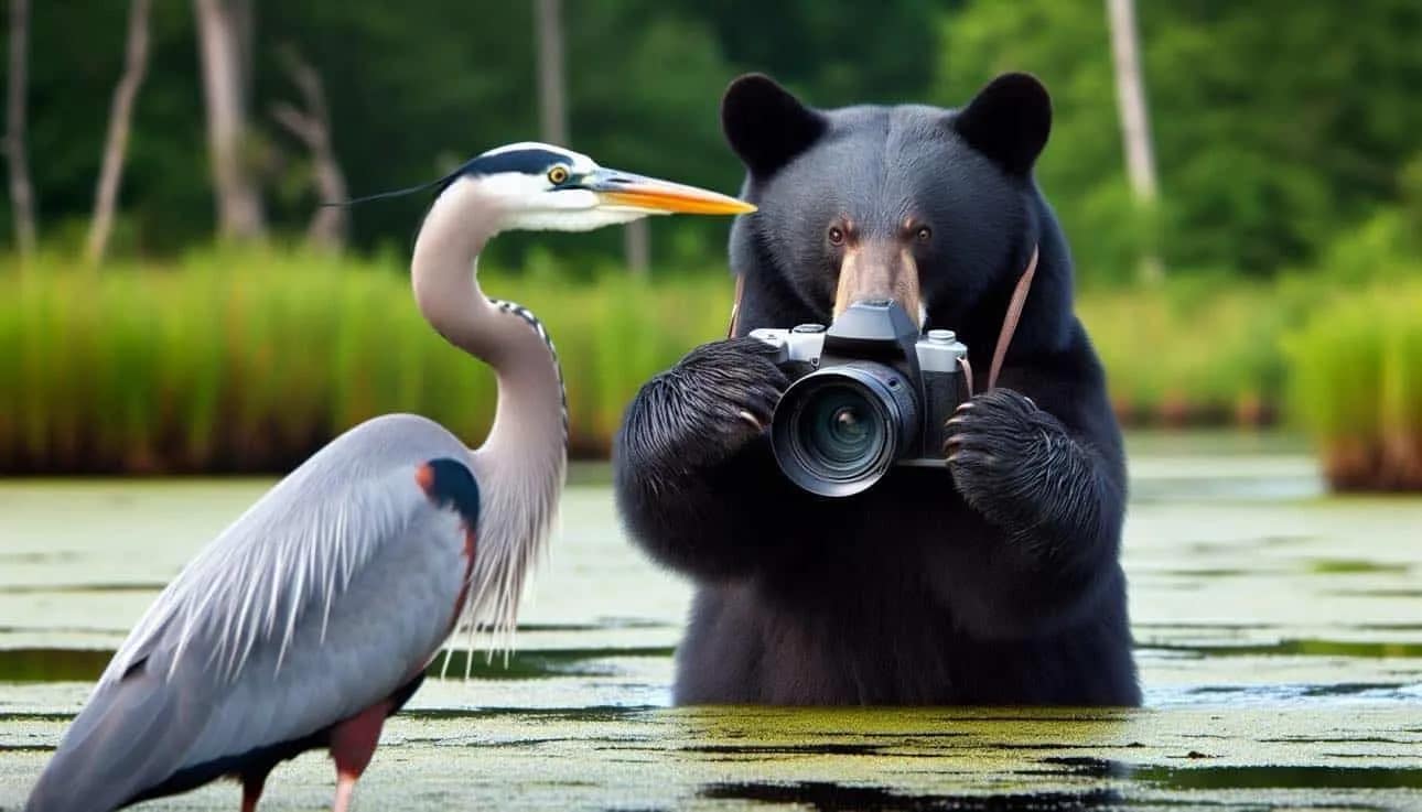 photo-1 A bear in water holding a camera, taking a photo of a heron standing nearby.