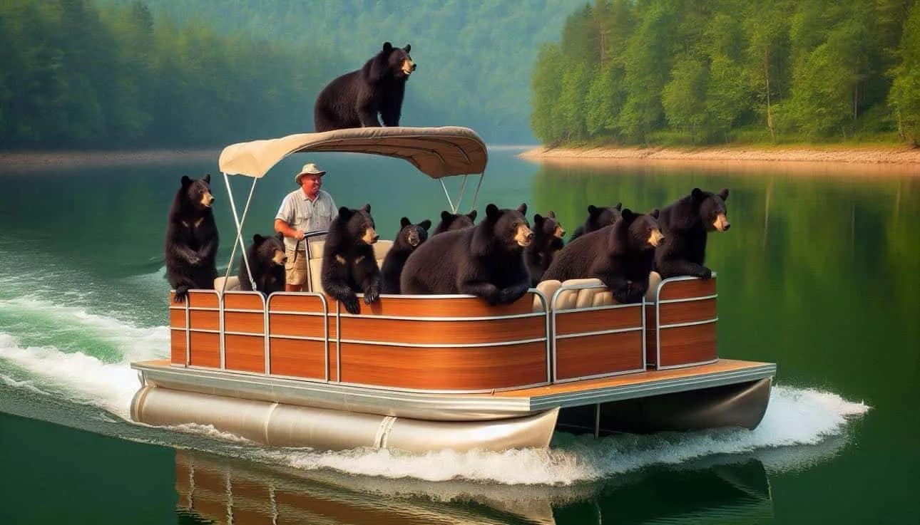 pontoon-1 A man drives a pontoon boat on a lake, surrounded by multiple black bears sitting and standing on the boat.