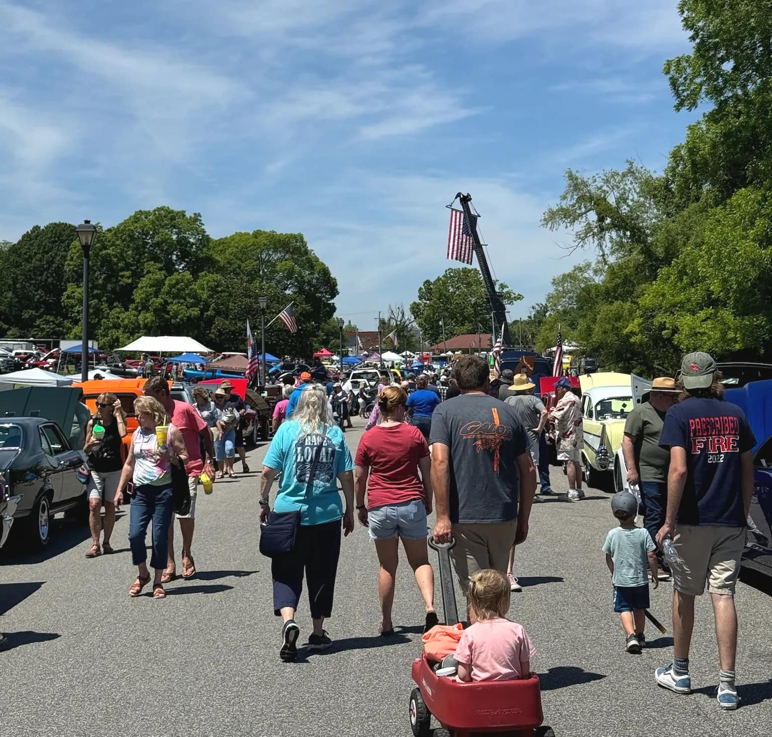 festival-s People walk among classic cars at an outdoor car show on a sunny day, with trees and flags in the background.
