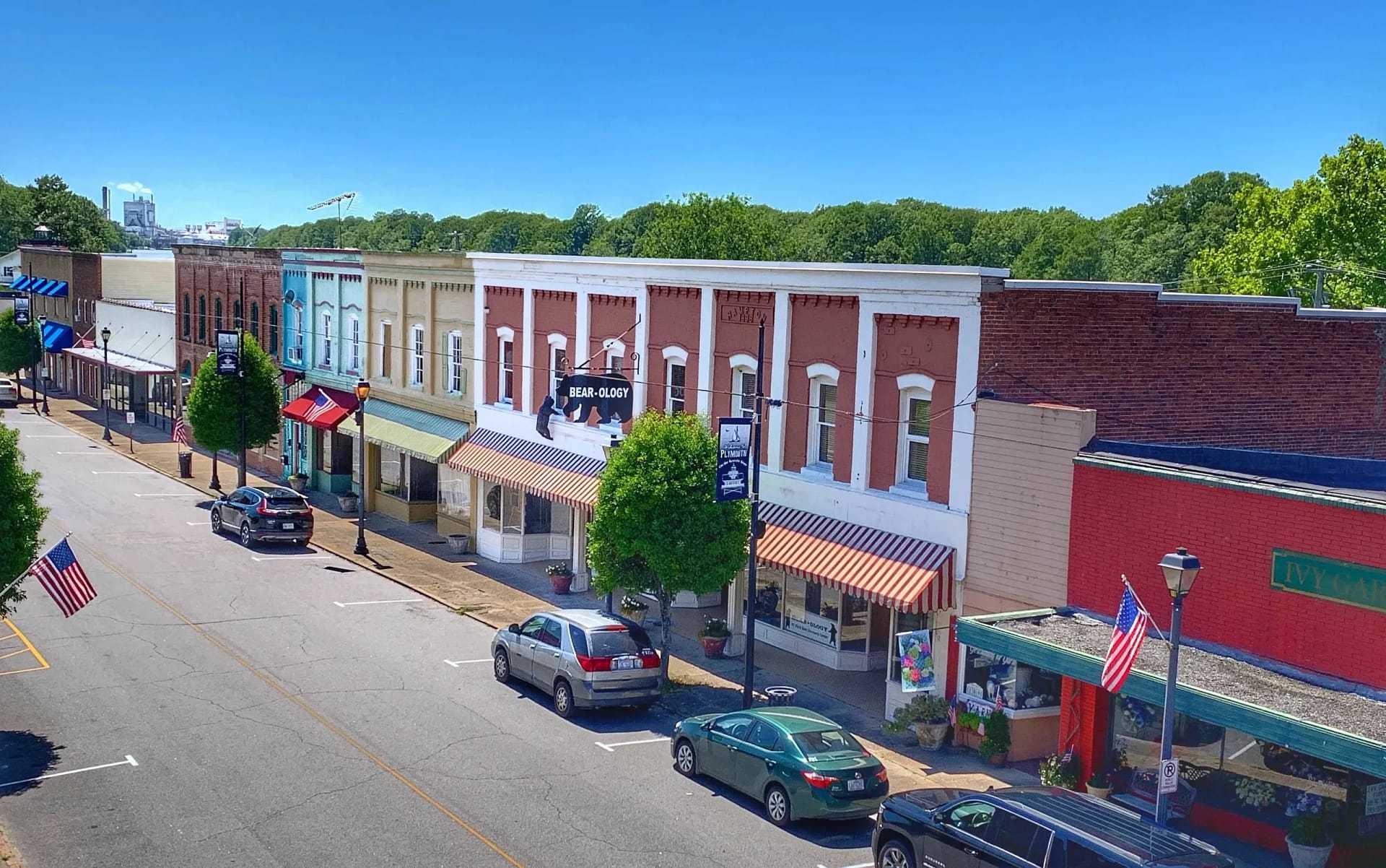 Bear-Ology-1 Colorful storefronts with awnings line a small town street with parked cars and trees under a clear blue sky.