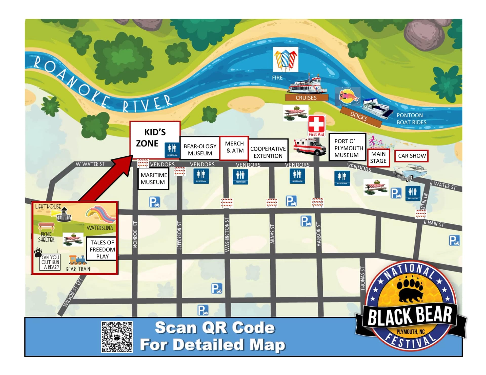 map-2026-2048x1583 Festival map showing event zones, kids’ area, attractions, parking, and Roanoke River at the top.