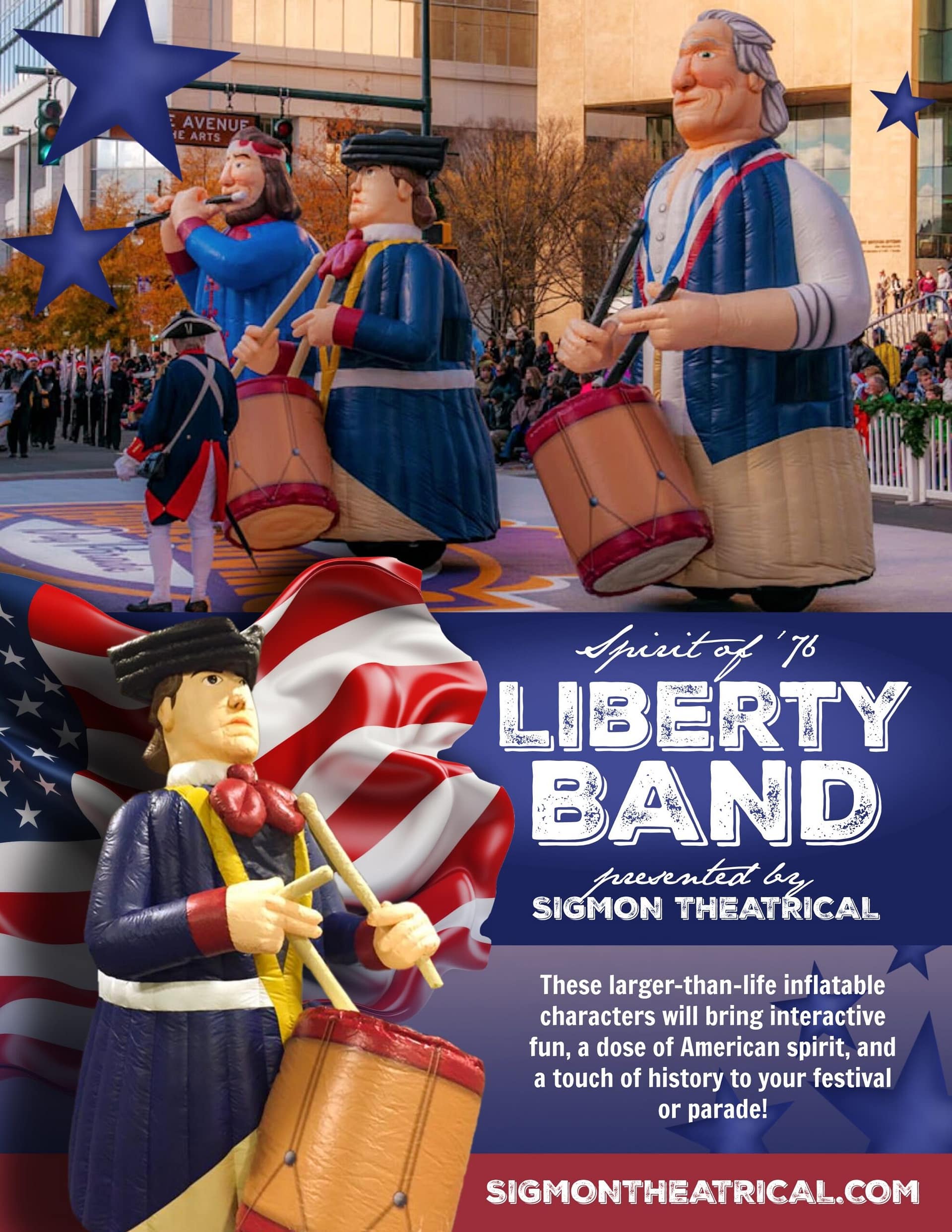 Liberty-Band-1-scaled Giant inflatable figures dressed as colonial musicians perform in a parade; "Liberty Band" event poster below.