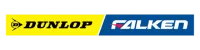 Dunlop and Falken logos side by side on a yellow and blue background.