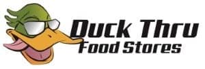 Cartoon duck with sunglasses next to "Duck Thru Food Stores" in bold black text on a white background.