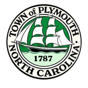 Seal of Plymouth, North Carolina, featuring a sailing ship and the year 1787 on a green and white background.