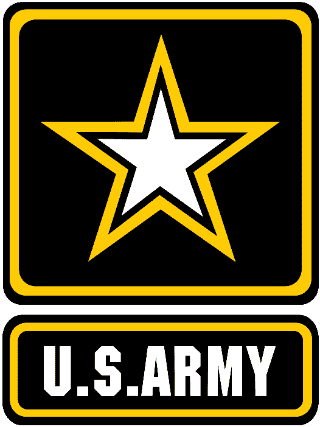 U.S. Army logo with a white star outlined in yellow above bold white text reading "U.S. ARMY" on a black background.