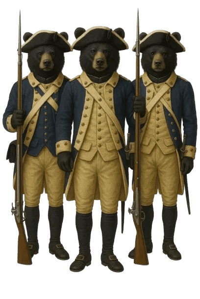 Three bears dressed as 18th-century soldiers, wearing blue and tan uniforms and holding muskets.