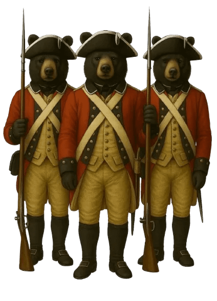 british_bears-removebg-preview 1 Three bears dressed as 18th-century soldiers in red uniforms, holding muskets and wearing tricorn hats.