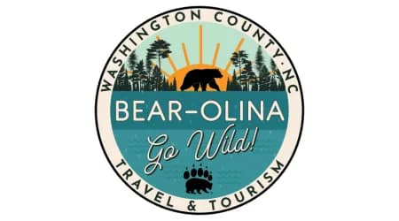 Circular logo with a bear, sun rays, trees, and text: "Bear-olina Go Wild! Washington County, NC Travel & Tourism.