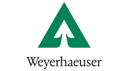 Green triangular tree logo above “Weyerhaeuser” in black serif font on a white background.