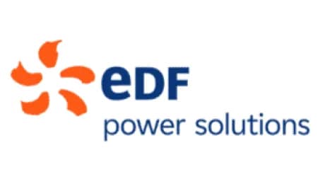 EDF power solutions logo with orange swirl symbol and blue text on a white background.
