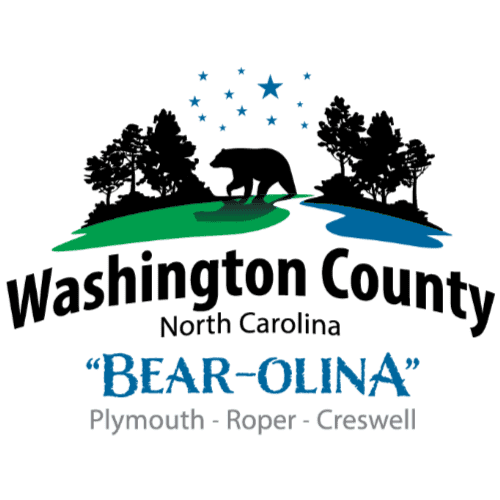 Logo with a bear, trees, stars, and text: "Washington County, North Carolina, 'Bear-olina', Plymouth-Roper-Creswell.