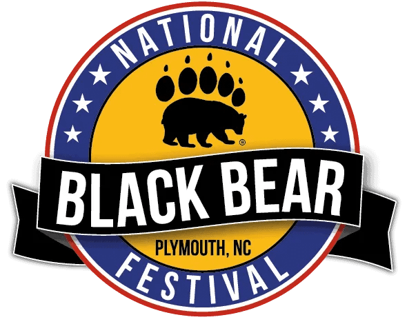 Circular "National Black Bear Festival" logo with a bear silhouette and paw prints, and "Plymouth, NC" text.