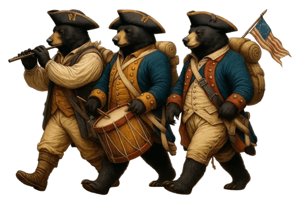 IMG_4188-removebg-preview 1 Three bears in colonial uniforms march, playing a flute and drum, with one carrying a flag and backpack.