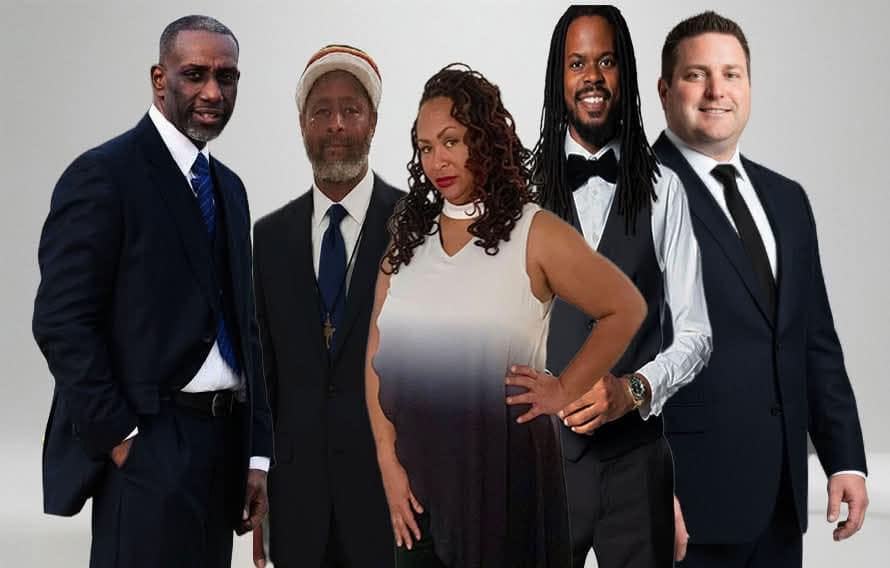 Miss-Mini-and-the-Sandman Five adults in formal and semi-formal attire standing together against a plain light background.