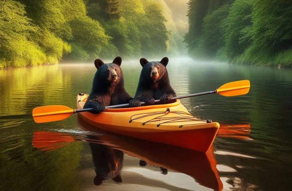 kayak-1 Two black bears paddle a yellow kayak on a calm river surrounded by lush green trees in sunlight.